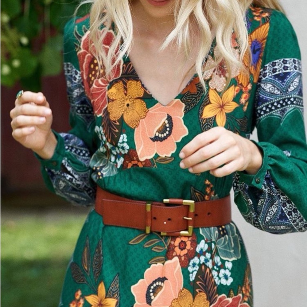 Green long sleeve floral Farm Rio maxi dress size XS